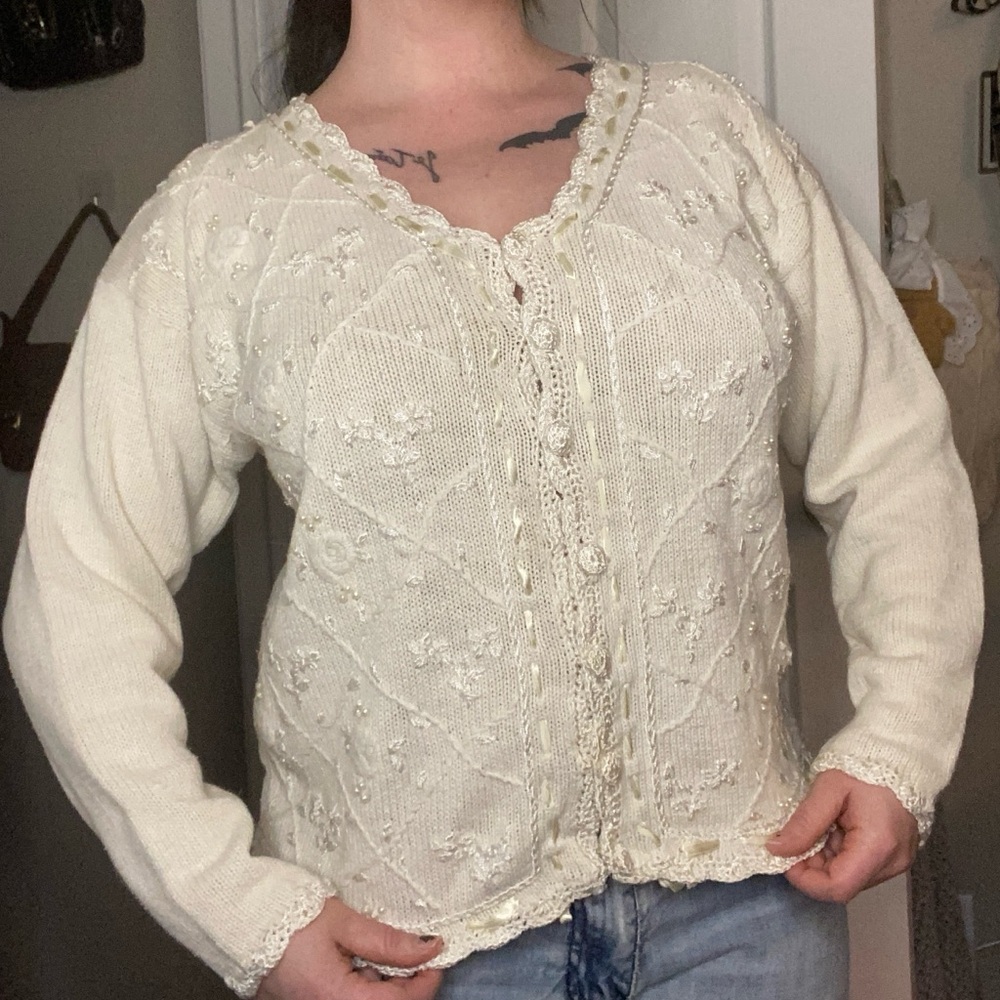 Coquette Cottagecore Grandmacore Ivory Knit Embroidered Ribbon Cardigan Sweater
